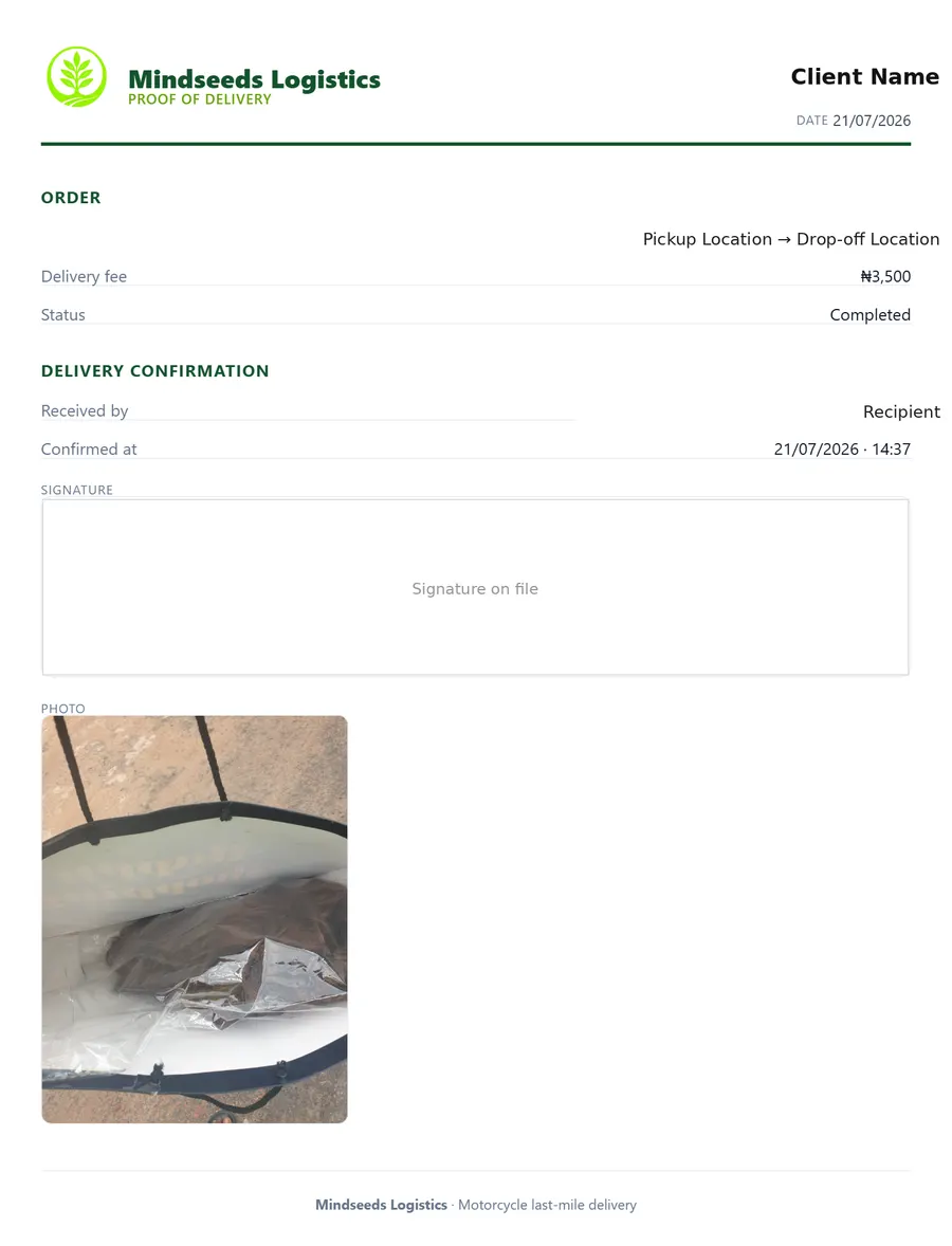 Mindseeds Logistics signed proof of delivery