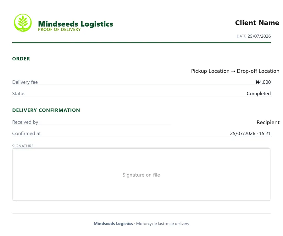 Mindseeds Logistics signed proof of delivery